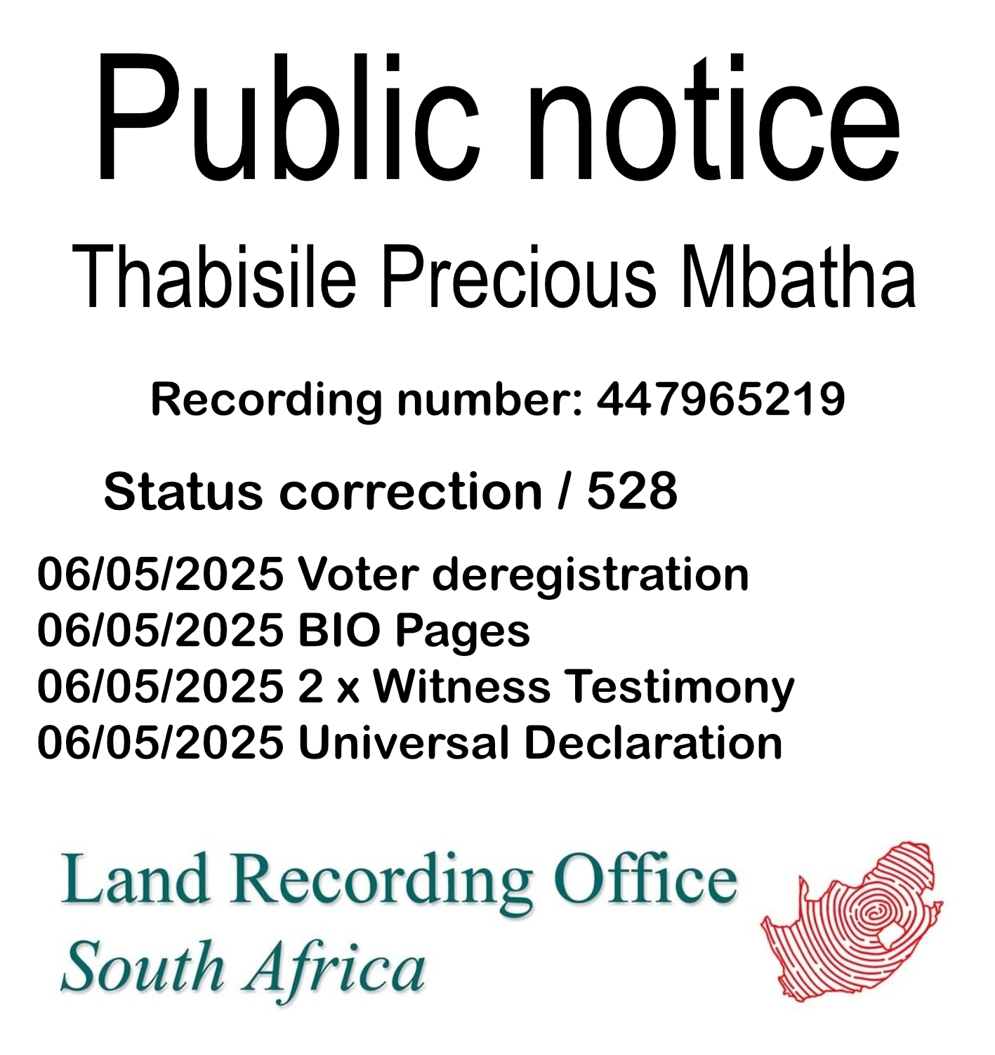 Public Notice Thabisile Precious Mbatha (c) Recording number 447965219